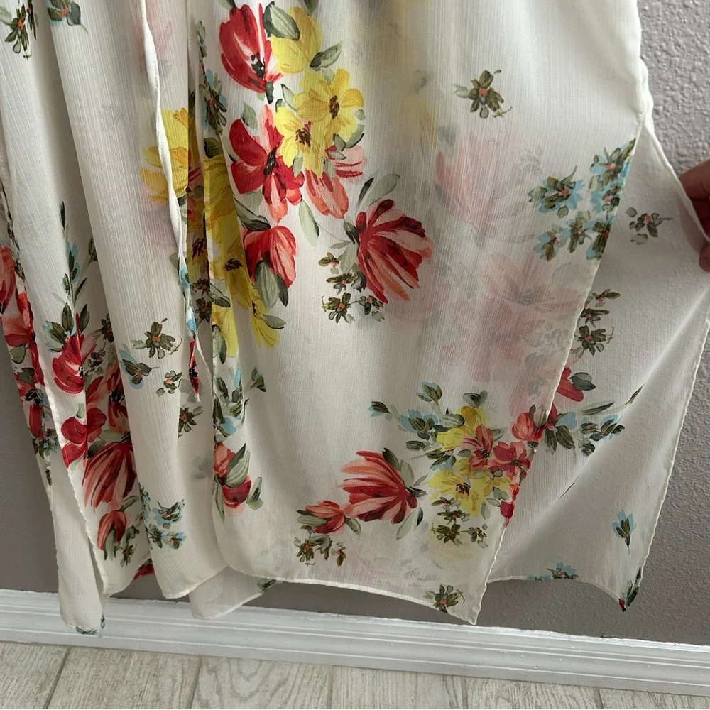 Zara sheer cream floral short sleeve coverup‎ maxi kimono duster